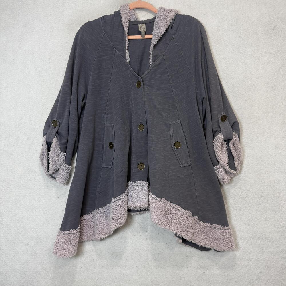 XCVI Jacket Womens Large Gray Hooded Jersey Button Front Fuzzy Trim Boho
